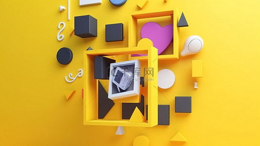 分享社交背景图片_黄色背景插图，以相框为特色，如按钮和 3D 社交媒体渲染中的几何形状