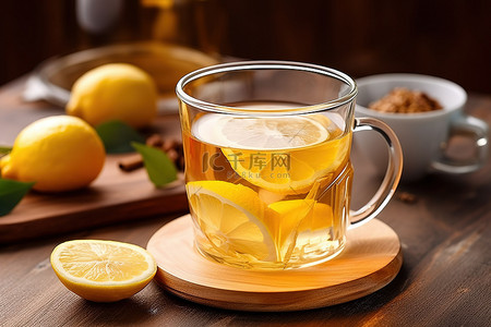 一杯茶背景图片_柠檬片旁边的一杯茶