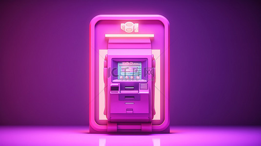 3D 渲染双色调存款机与卡通粉红色商业技术概念
