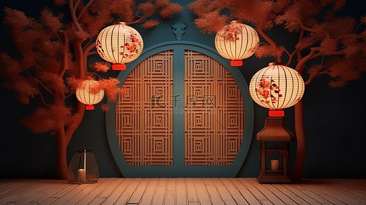 3d 渲染中秋节场景与中国灯笼和门
