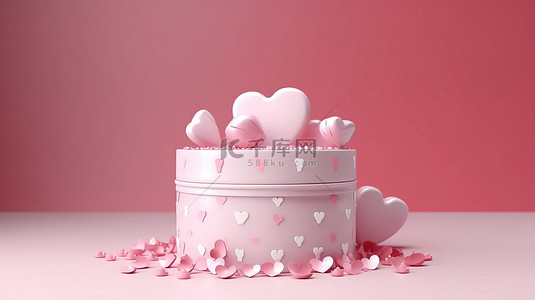 粉红色礼品盒和心形装饰的 3D 渲染，粉红色和白色背景，营造欢乐的情人节
