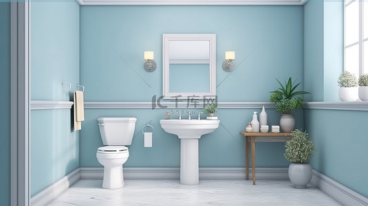 客房背景图片_现代客用浴室，配有优雅的蓝色墙壁经典风格的 3D 渲染