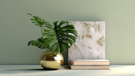 白色大理石底座上金色龟背竹叶的 3D 插图，浅绿色墙壁与白书