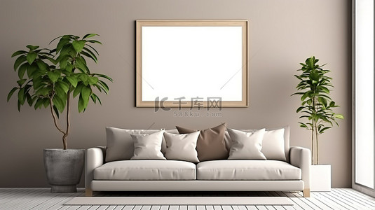 现代生活空间以沙发植物和 3D 渲染墙壁艺术为特色