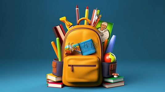 回到学校必需品 3D 渲染背包和书籍以及学生的学习用品