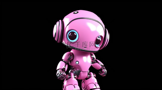 可爱的粉色机器人在黑色背景下以时尚的 3D 呈现向上凝视
