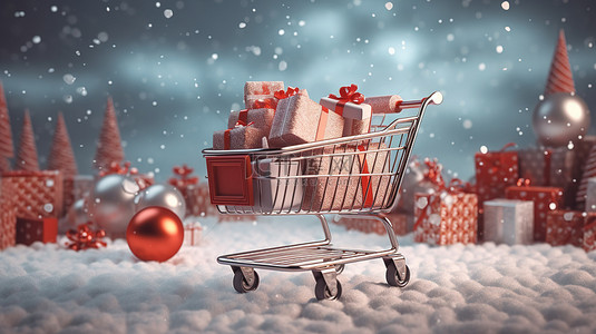 惊喜背景图片_充满圣诞惊喜的节日购物车的 3D 插图