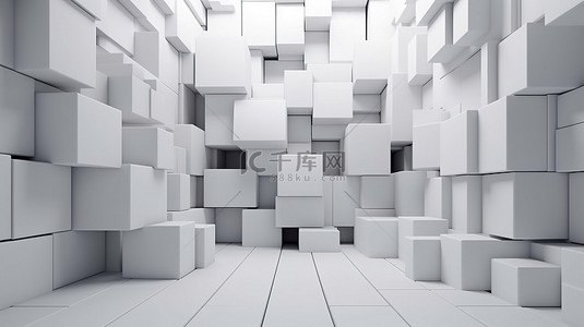 艺术字白色背景图片_艺术背景设计，墙壁和地板上有一堆未来派的白色方形和圆形立方体盒子