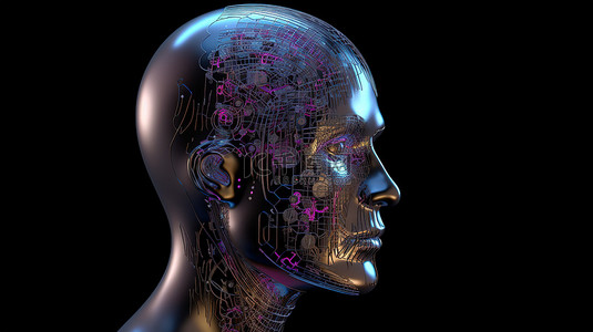 科技机器人脸背景图片_3D 渲染抽象的机器人头全息图，用于不和谐的社交媒体营销