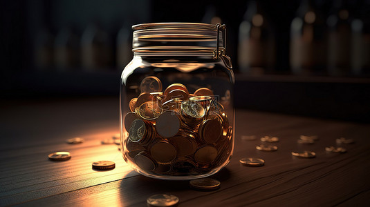 装满 3d 渲染硬币的金融概念玻璃罐，用于省钱