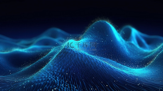 未来派蓝色粒子波背景与 3D 渲染中的动态大数据可视化