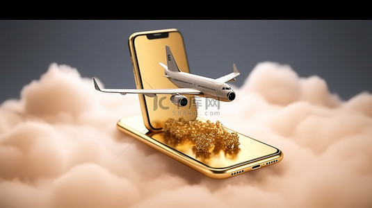 云背景和飞机起飞的黄金手机的 3D 渲染