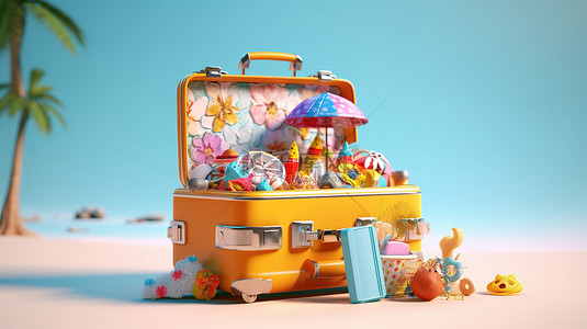 充满活力的夏日度假3D渲染手提箱和色彩缤纷的海滩元素