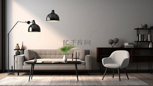 生活办公背景图片_带桌椅沙发边桌和灯的多功能客厅空间的 3D 渲染