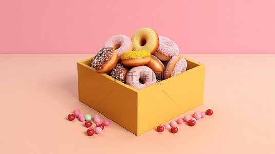 糕点场景背景图片_具有 3D 渲染甜甜圈盒的等距场景，具有创意简约设计