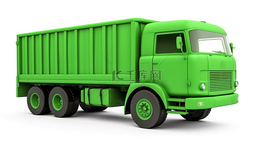 背景可商用背景图片_白色背景下绿色卡车插图的可持续运输 3D 渲染