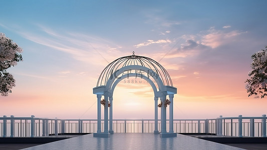 婚礼海洋背景图片_在 3D 渲染中俯瞰大海的婚礼亭，日落令人​​惊叹