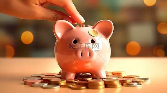 存钱罐的 3D 插图，硬币代表手中持有的银行贷款的概念