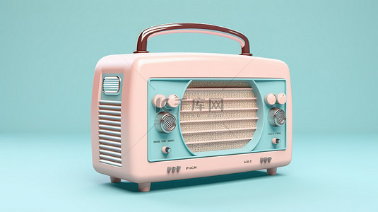 粉红色背景与双色调风格的蓝色复古收音机 3D 渲染