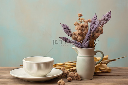 一个杯子和碟子杯子和一个花瓶，里面装着秋天的彩色花朵
