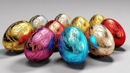多色箔复活节彩蛋 3D 用装饰和独立设计元素渲染