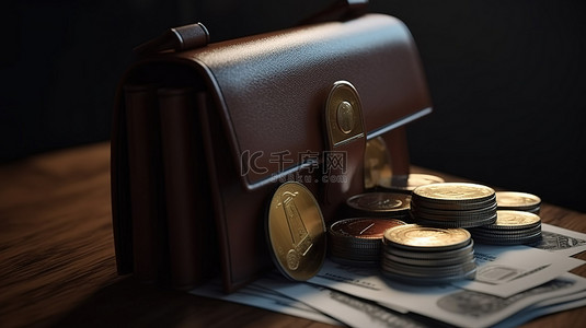 3d 渲染的钱包，里面装满了信用卡硬币和现金，是储蓄和购物的视觉表现