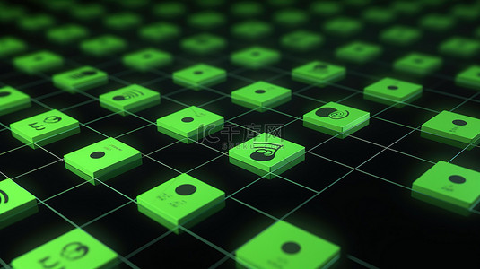 绿色背景，在 3D 渲染中装饰有众多 Spotify 方形徽章