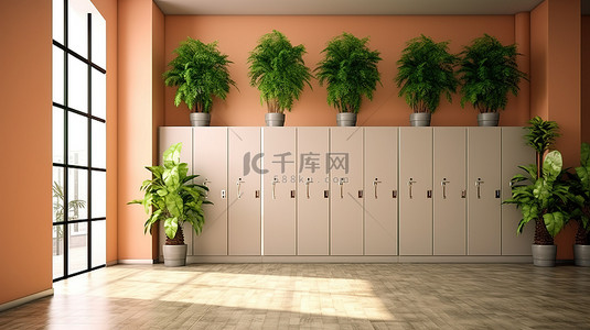 充满活力的储物柜和郁郁葱葱的植物反对简约的墙壁 3d 渲染