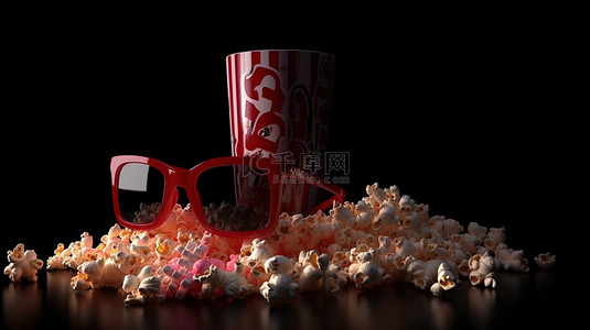 爆米花和眼镜的电影喜悦 3d 渲染，带来身临其境的电影体验