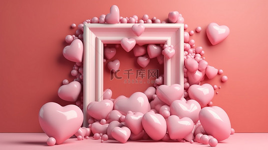 情人节心形框架，3D 渲染中带有粉红色糖果气球背景