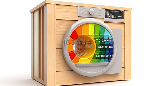 抽象木屋中节能洗衣机的可持续家庭 3D 渲染，附有生态友好评级表