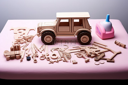 其他模型背景图片_一张木桌有工具工具箱和其他玩具