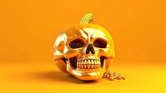 黄色背景上南瓜和头骨的怪异万圣节装饰 3D 插图