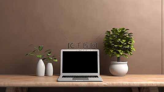 带背景墙的木制桌面上方空白笔记本电脑模型的 3D 渲染