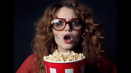 戴着 3D 眼镜的年轻女子一边嚼爆米花一边欣赏引人入胜的电影，感到很惊讶