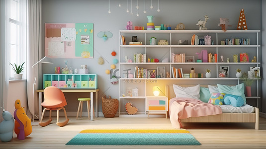 婴儿枕头背景图片_充满活力的儿童卧室装饰，配有书柜床枕头架子和舒适的白色扶手椅，配有 3D 渲染的毯子