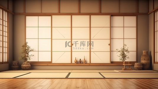 空荡荡的现代房间中的日本禅宗风格电视柜，采用简约设计 3D 渲染