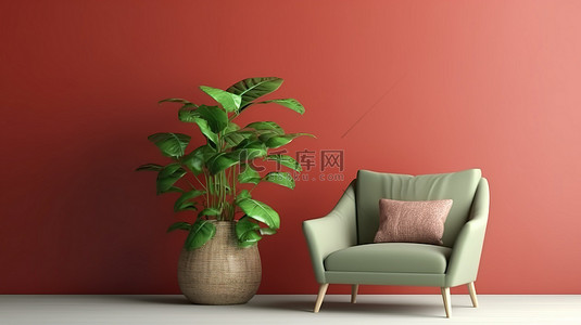 清新的绿色房间配有舒适的米色红色躺椅和充满活力的 3D 植物花瓶