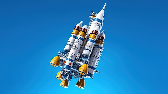 蓝色背景上重新飞行准备轨道火箭的 3d 渲染