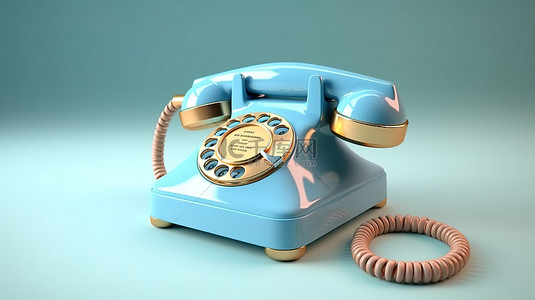 带有老式蓝色旋转电话的白色和蓝色背景的 3D 渲染