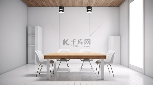 会议室墙背景图片_带极简主义白色椅子和 3D 天然木桌的现代会议室