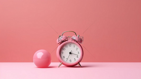 空粉色背景上现代粉色闹钟的简约静物概念 3D 渲染