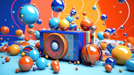 充满活力的蓝色背景与橙色收音机和彩色球的 3D 渲染