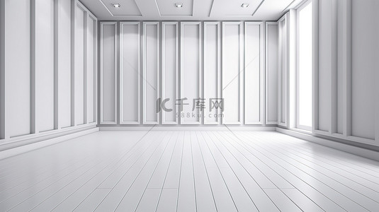 3d 渲染中的白色长条面板墙和地板背景
