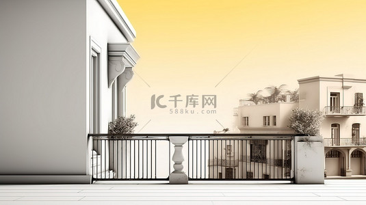 空白相框背景图片_带有空白相框 3D 渲染的阳台房屋的建筑草图