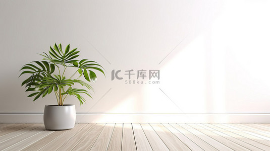 地板自然背景图片_室内和自然 d cor 主题白色木地板与室内植物 3D 插图渲染