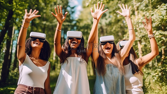一群快乐的多元化朋友享受户外 3D 虚拟现实体验