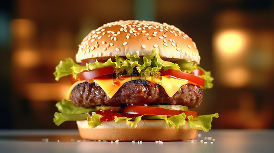 3D 渲染多汁的芝士汉堡，配有番茄和肉，是美味的快餐