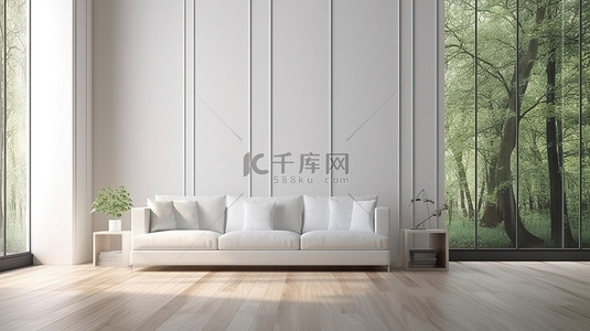 现代白色沙发设置在带自然背景 3d 渲染的木地板客厅
