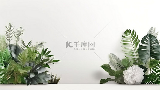 中性白墙背景的 3D 插图，带有树叶和阳光的阴影，具有水平空白海报模型